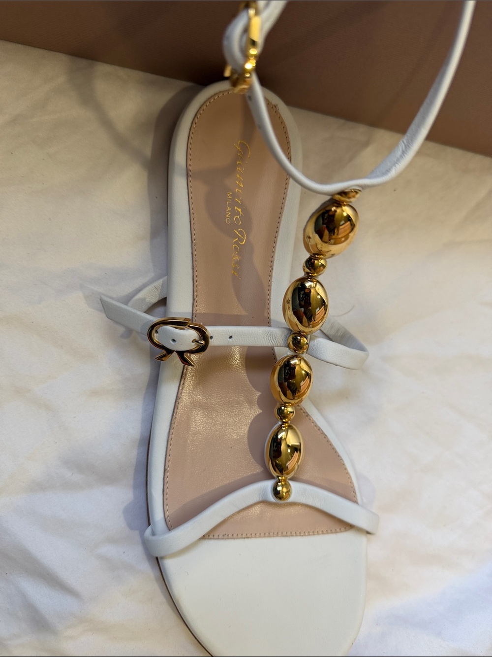 Gianvito Rossi White Leather T-Strap Sandals with Gold Orb Chain